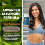 Smiling woman holding Advanced Cleansing Formula, a detox supplement with herbs, fibers and probiotics such as Senna Leaf, Psyllium Husk and Aloe Vera.