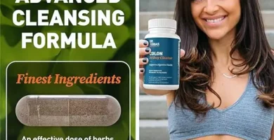 Smiling woman holding Advanced Cleansing Formula, a detox supplement with herbs, fibers and probiotics such as Senna Leaf, Psyllium Husk and Aloe Vera.