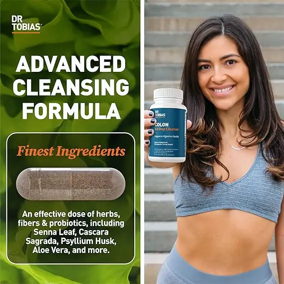 Smiling woman holding Advanced Cleansing Formula, a detox supplement with herbs, fibers and probiotics such as Senna Leaf, Psyllium Husk and Aloe Vera.