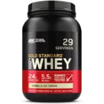 Envase de proteína en polvo Gold Standard 100% Whey de Optimum Nutrition, sabor vainilla ice cream, con 24 g de proteína y 5.5 g de BCAA por porción.