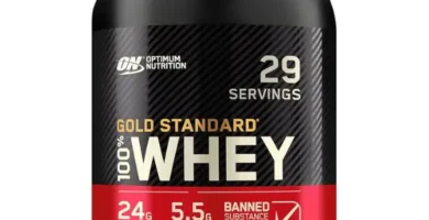 Envase de proteína en polvo Gold Standard 100% Whey de Optimum Nutrition, sabor vainilla ice cream, con 24 g de proteína y 5.5 g de BCAA por porción.
