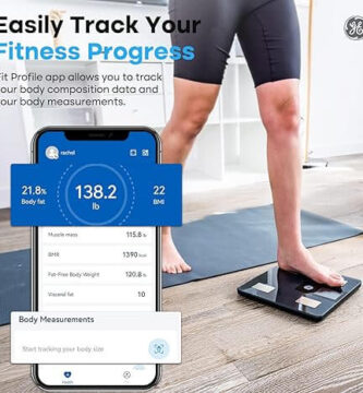 person using a smart Bluetooth body fat scale to track fitness progress on a smartphone app showing body composition data