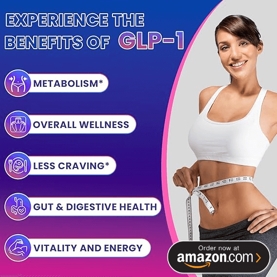 Woman in athletic wear holding a measuring tape, highlighting benefits of GLP-1 supplement such as improved metabolism, overall wellness, less craving, gut health, and vitality.