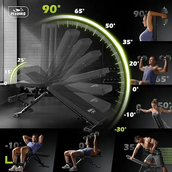 Flybird adjustable weight bench with multiple incline and decline positions, ideal for strength training and muscle building at home or in the gym.