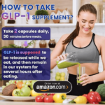 Smiling woman in athletic wear pouring a green smoothie, with text explaining how to take GLP-1 supplements: 2 capsules daily, 30 minutes before meals.