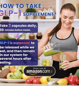 Smiling woman in athletic wear pouring a green smoothie, with text explaining how to take GLP-1 supplements: 2 capsules daily, 30 minutes before meals.